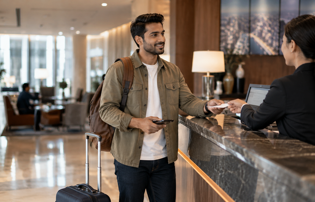 Younger man checking in to hotel