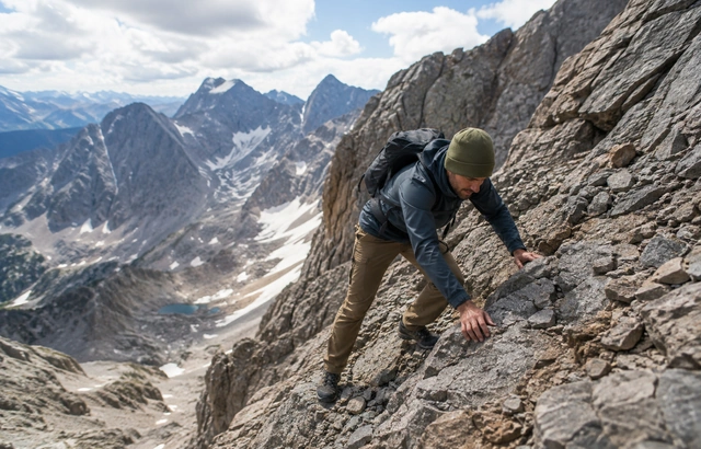 Lone male mountain climbing