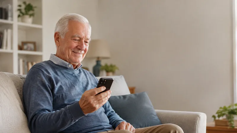Woman checking her phone in a warm living room