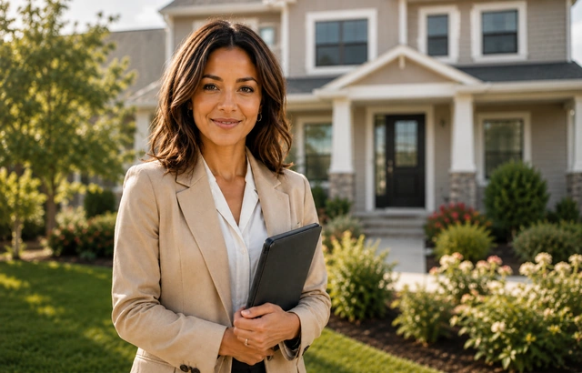 Female realtor standing in front of house