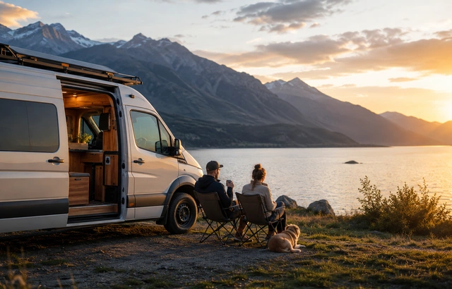 Van camping near lake