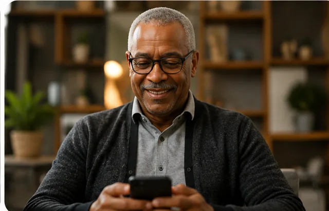 Smiling older man using a smartphone