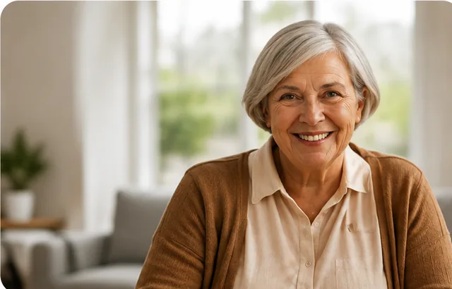 Smiling older woman at home holding a mug