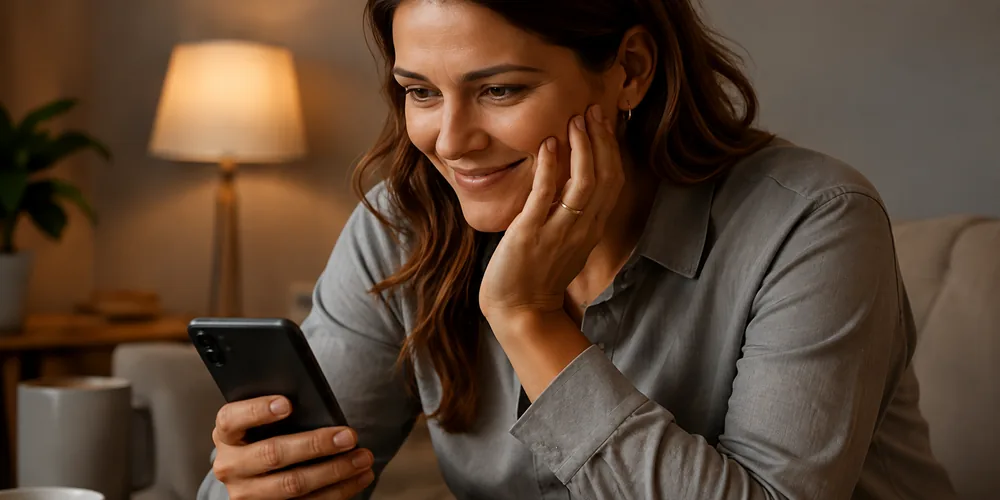 Woman checking her phone in a warm living room