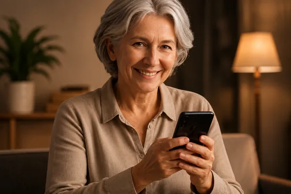 Older woman smiling while using SoloWise on her phone