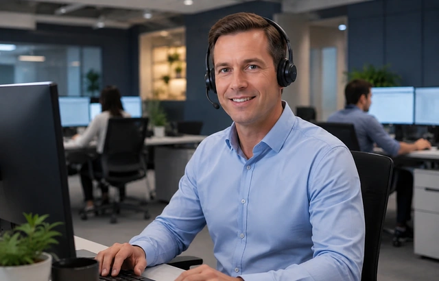 Friendly support representative using a phone